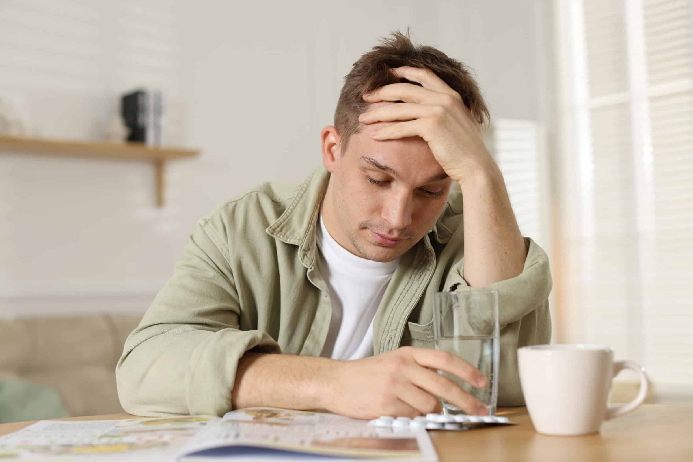 man dealing with hangover, holding his head with a glass of water, coffee, and painkillers at his dining table.